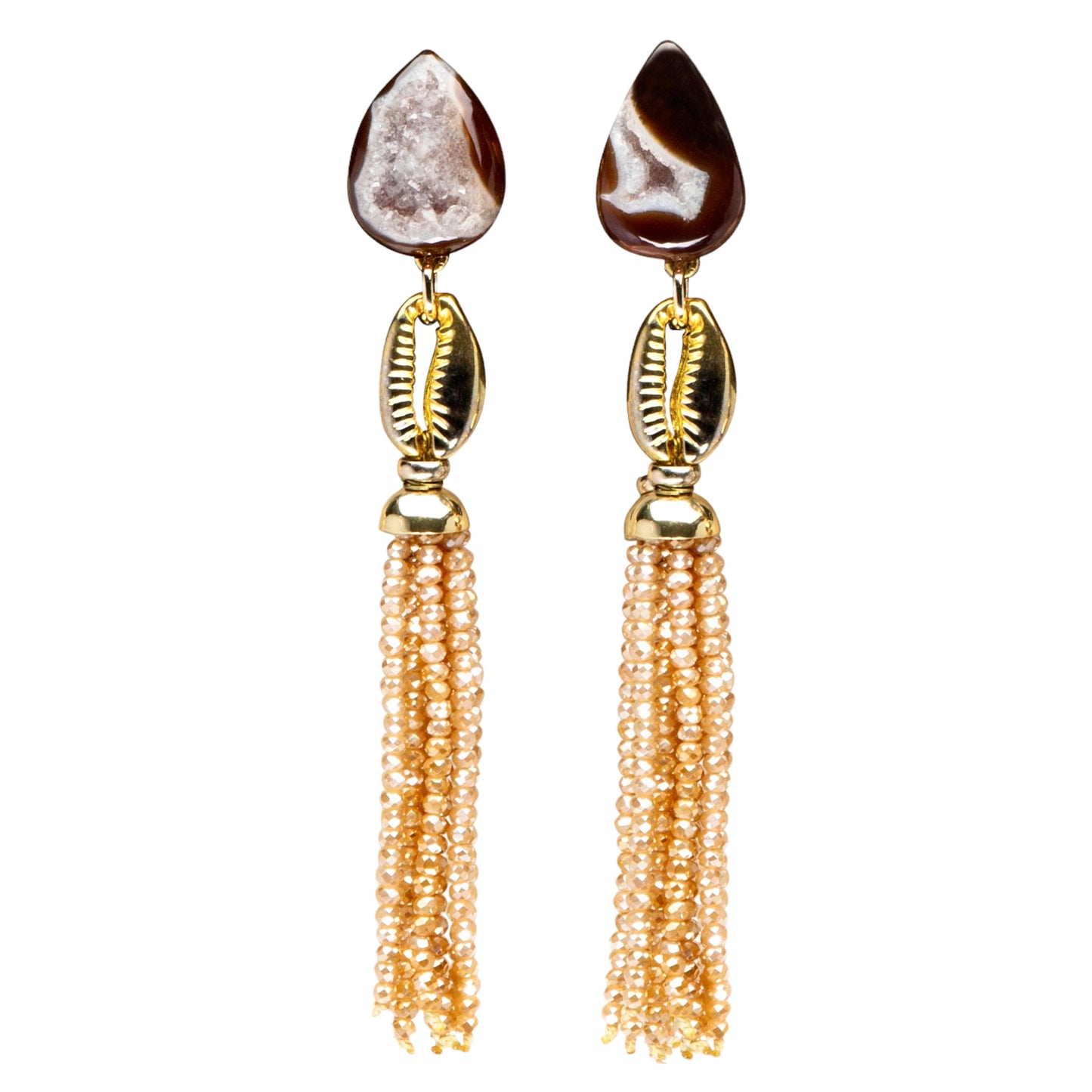 Geode & Cowrie Shell Tassel Clip-On Earrings