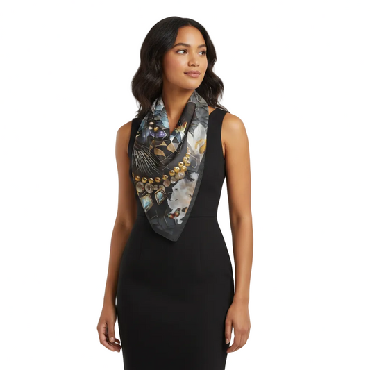 Woman wearing a black dress with Dusk's Crystal Guardian Silk Scarf on a white background