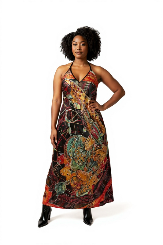 Woman wearing Orire Afrofuturism Halter Dress on white background