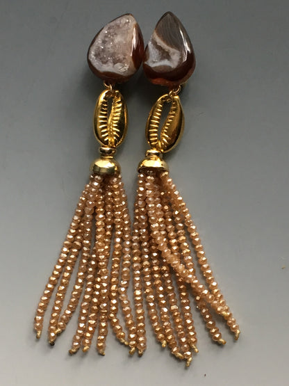 Geode & Cowrie Shell Tassel Clip-On Earrings