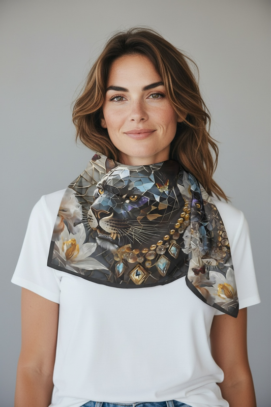 Woman wearing Dusk's Crystal Guardian Silk Extra Large Scarf