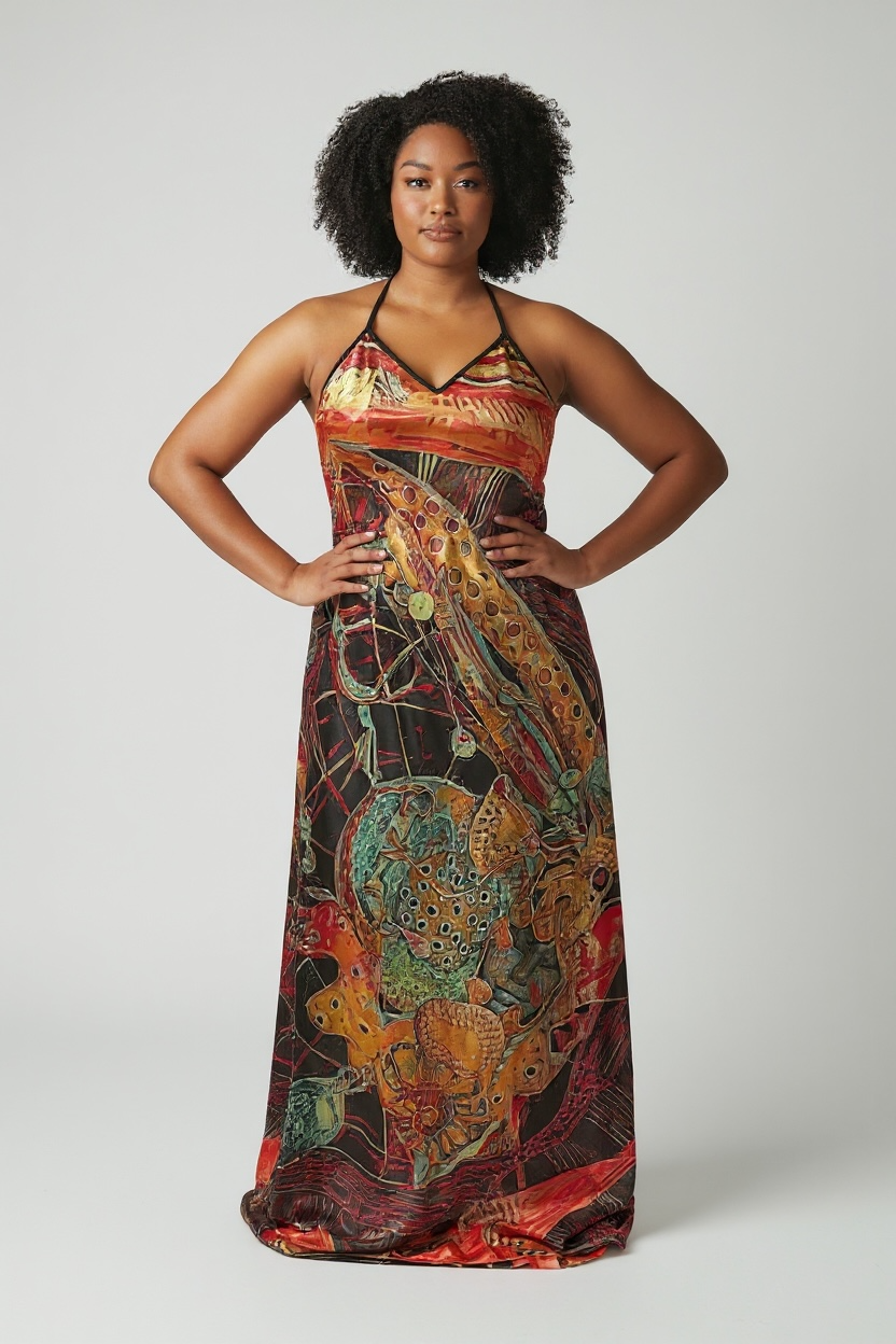 Woman wearing Orire Afrofuturism Halter Dress on white background
