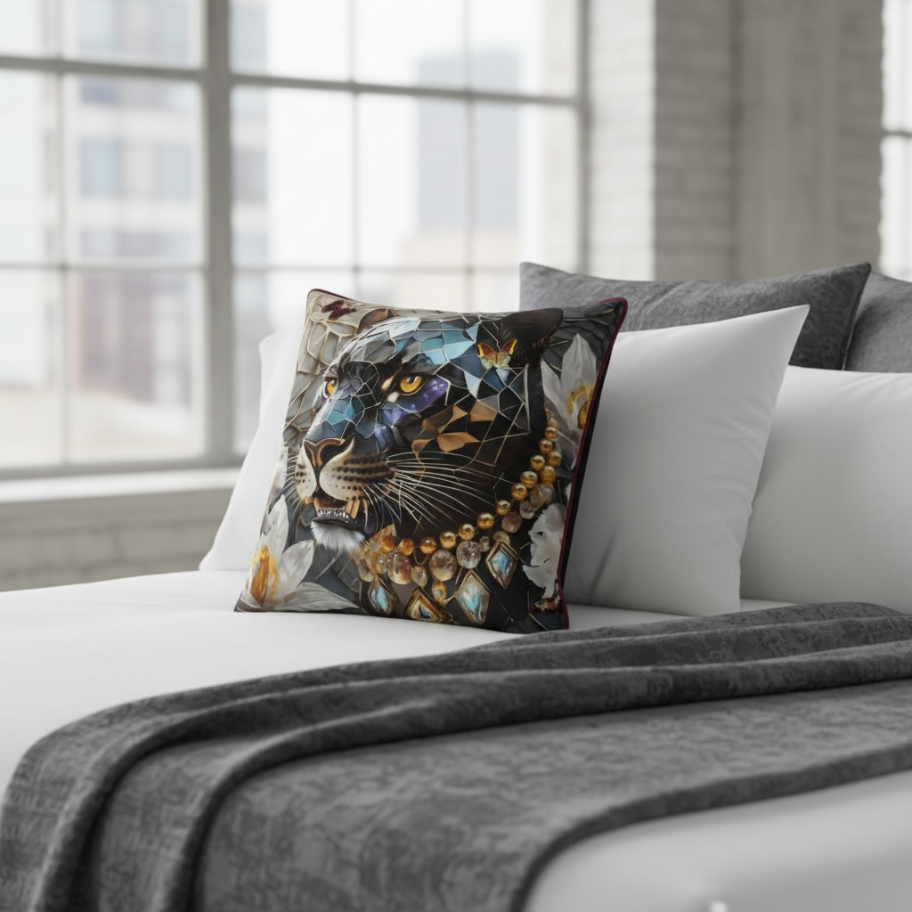 Dusk's Crystal Guardian Velvet Throw Pillow by Lunaversoul.com on a bed in a brightly lit bedroom