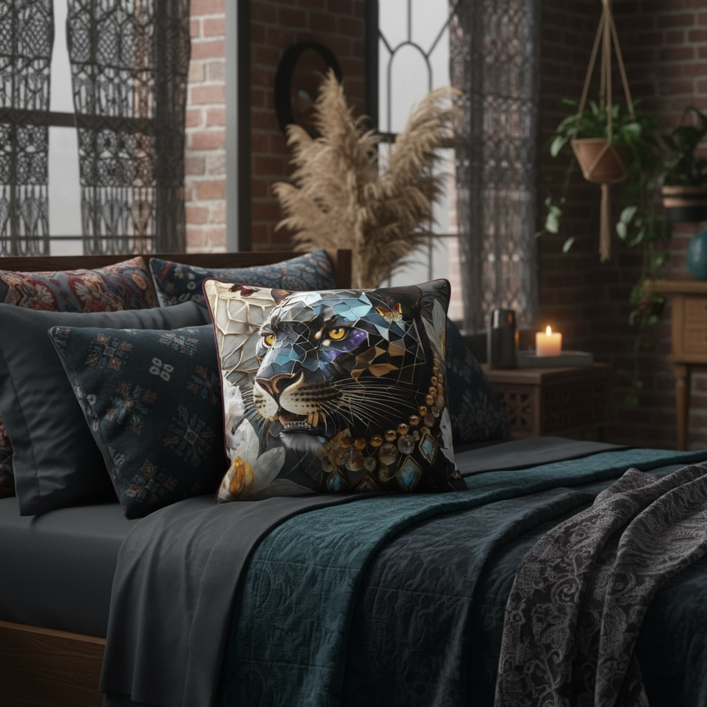Dusk's Crystal Guardian Velvet Throw Pillow by Lunaversoul.com on a bed in a stylish bedroom with plants and candles.