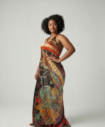 Woman wearing Orire Afrofuturism Halter Dress on white background