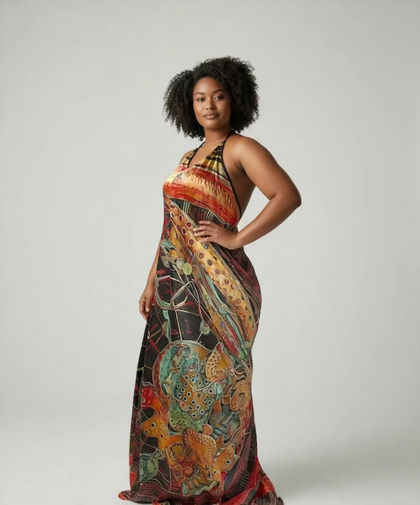 Woman wearing Orire Afrofuturism Halter Dress on white background